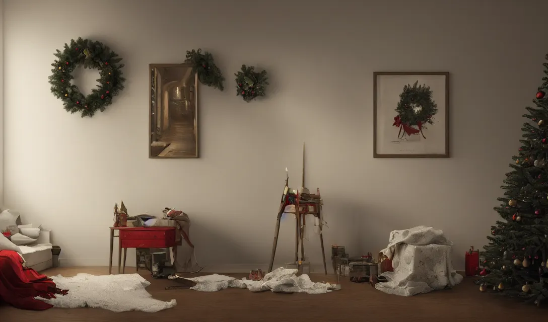 Prompt: a christmas eve photorealistic painting on the wall, ascher clemens, home, interior, octane render, deviantart, greg rutkowski, cinematic, key art, hyperrealism, canon eos c 3 0 0, ƒ 1. 8, 3 5 mm, 8 k, medium - format print