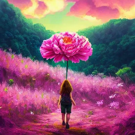 Prompt: giant carnation flower as a head, girl hiking in a lush valley, surreal photography, sunrise, dramatic light, impressionist painting, colorful clouds, digital painting, artstation, simon stalenhag