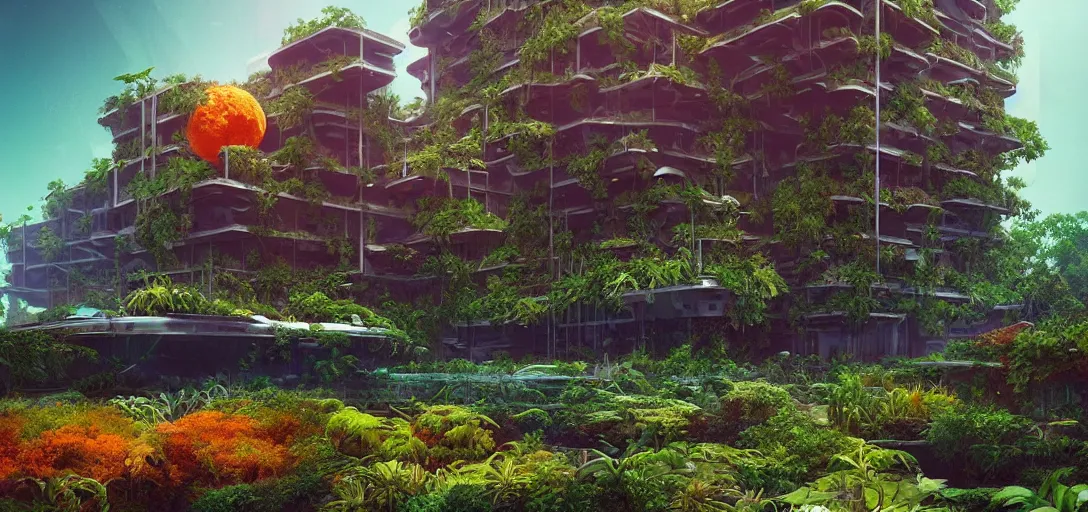 Prompt: a futuristic abandonded biome, gardens and orange brutalist buildings with plants growing on top sci - fi, digital art by beeple