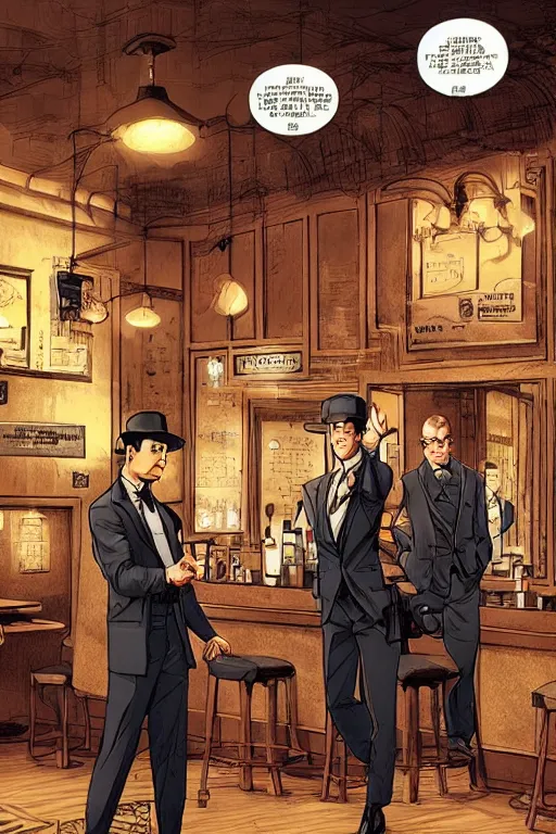 Image similar to Handsome hard-boiled detective enters a bar, everyone looks as the detective enters the bar, Victorian bar interior, dim lights and smoke from cigars, by Patrick Rosche and Tomer Hanuka, clean, intricate, elegant, highly detailed, digital painting, artstation, comic art, smooth, sharp focus, illustration, masterpiece art by artgerm and greg rutkowski and alphonse mucha