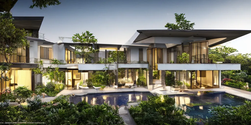 Image similar to 3d rendering of beautiful nature meets architecture concept of a residential house. balinese architecture, volumetric lighting, luxury, high detail, 14mm, cinematic photography, cg architects, high resolution