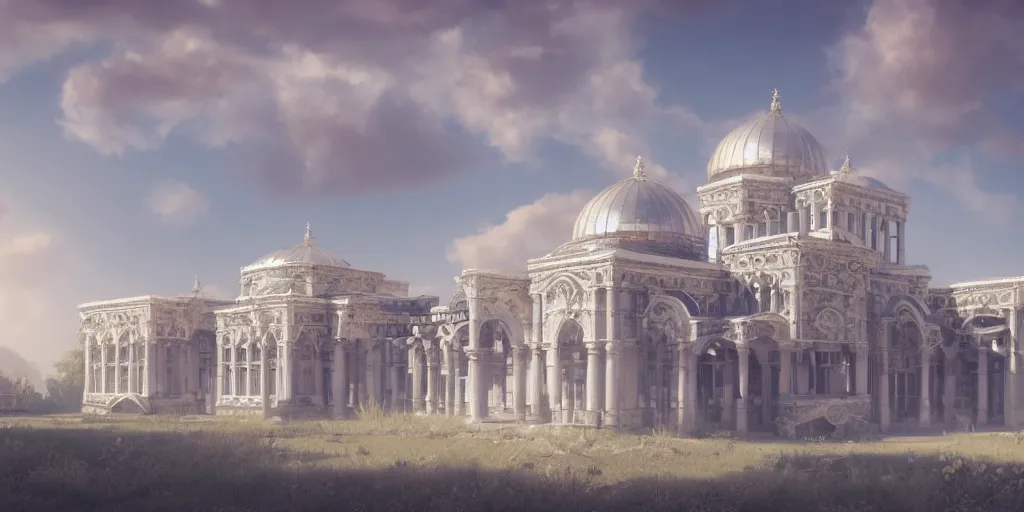 Prompt: beautiful digital illustration of a shining silver Byzantine palace in the sky, fluffy pastel clouds, architecture, concept art, deviantArt, artsation, artstation HQ, HD, 16k resolution, octane, finalRender, Unreal Engine