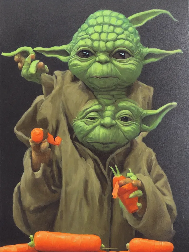 Image similar to old oil painting of a yoda eating carrot and drinking wine, trending on artstation