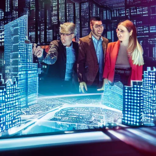 Image similar to people in a warehouse looking at a hologram of futuristic city on a table