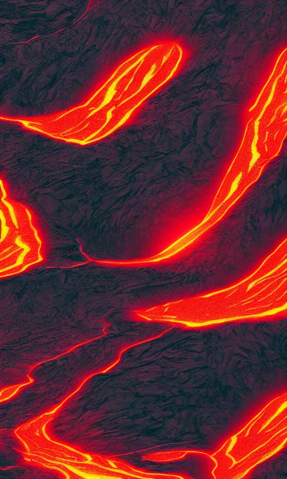 Prompt: a volcano and lava flowing through valleys, flat 2d glitch art, high contrast cyberpunk palette, hd phone wallpaper