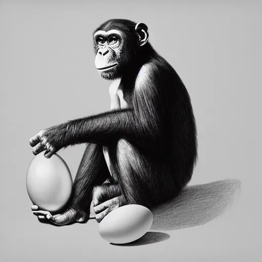 Image similar to a realistic pencil drawing of a chimpanzee sitting on a large egg.