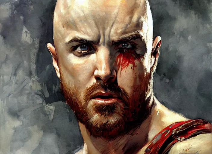 Prompt: a highly detailed beautiful portrait of jesse pinkman as kratos, by gregory manchess, james gurney, james jean