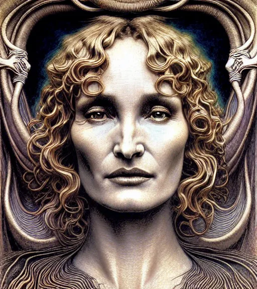 Image similar to detailed realistic beautiful young jessica lange as queen of mars face portrait by jean delville, gustave dore and marco mazzoni, art nouveau, symbolist, visionary, gothic, pre - raphaelite. horizontal symmetry by zdzisław beksinski, iris van herpen, raymond swanland and alphonse mucha. highly detailed, hyper - real, beautiful