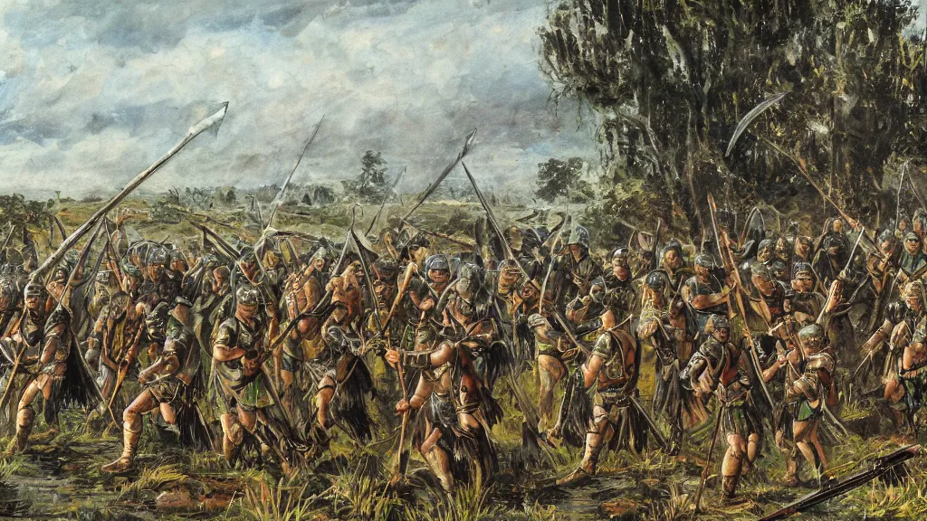 Image similar to celtic tribal soldiers with war paint and spears facing roman legionnaires with swords and spathas in wetland with few cypress trees far away, cinematic, waterpaint, late antiquity, battle, britannia