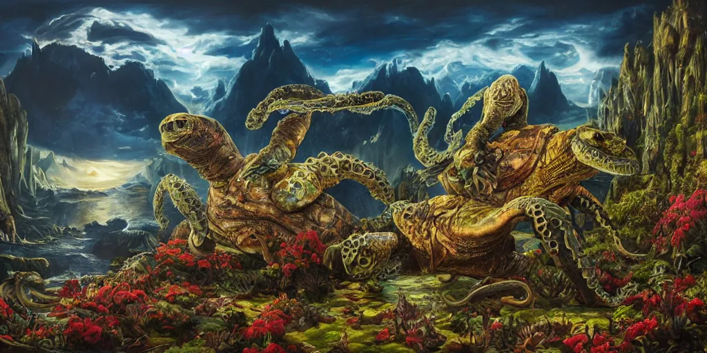 Image similar to fantasy oil painting, great leviathan, cybernetic turtle cephalopod terrapin reptilian pachyderm squid, bella hadid, hybrid, milla jovovich, anubis, epic natural light, lush plants flowers, spectacular mountains, bright clouds, luminous sky, outer worlds, golden hour, michael cheval, edward hopper, michael whelan, vray, hd