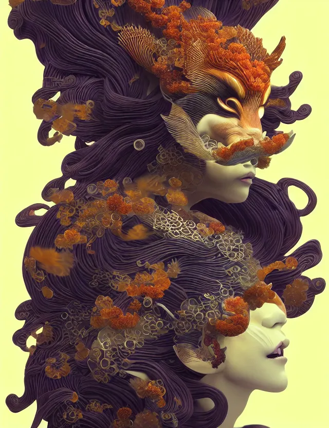 Image similar to 3 d goddess close - up profile portrait. beautiful intricately detailed japanese autumn fox mask and clasical japanese kimono. betta fish, jellyfish phoenix, bio luminescent, plasma, ice, water, wind, creature, artwork by tooth wu and wlop and beeple and greg rutkowski