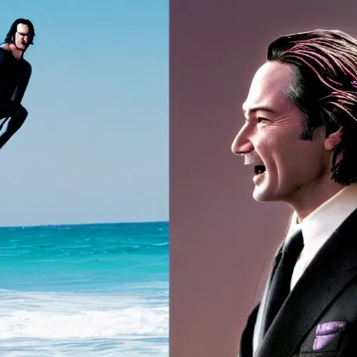 Image similar to surfing keanu reeves as mr. bean as the joker from batman, surfing still from batman vs bean at the beach, 2 0 2 0