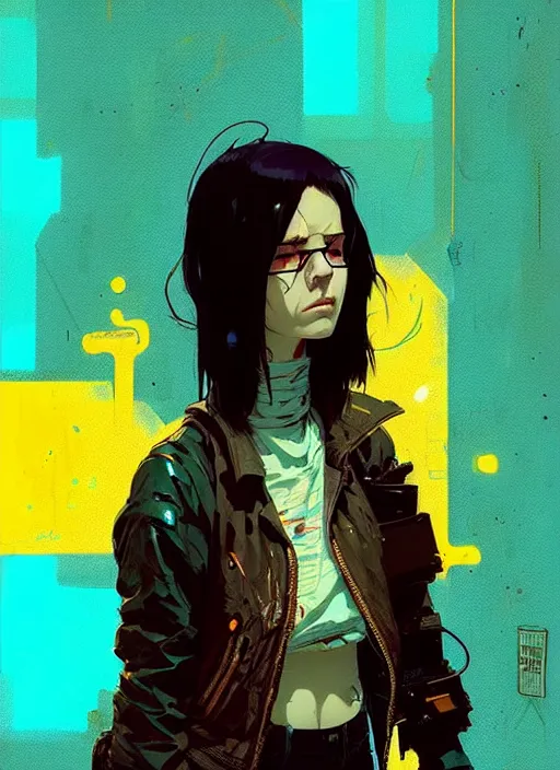 Prompt: highly detailed portrait of a moody post - cyberpunk young adult lady by atey ghailan, by greg rutkowski, by greg, tocchini, by james gilleard, by joe fenton, by kaethe butcher, gradient yellow, black, brown and cyan color scheme, grunge aesthetic!!! ( ( graffiti tag city background ) )