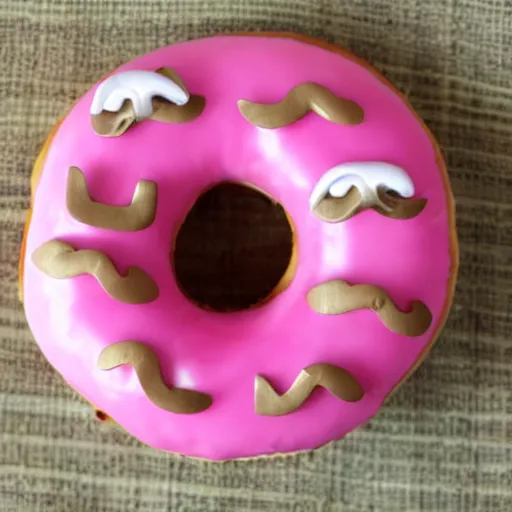 Prompt: A cute pink donut with a handlebar mustache waving