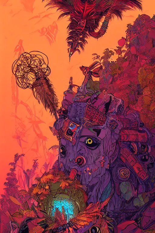 Prompt: totem animal tribal chaman vodoo mask feather gemstone plant video game illustration vivid color borderlands and by feng zhu and laurie greasley, victo ngai, andreas rocha, john harris radiating a glowing aura