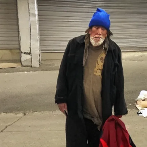 Image similar to donald trump dressed as a homeless man living in the slums