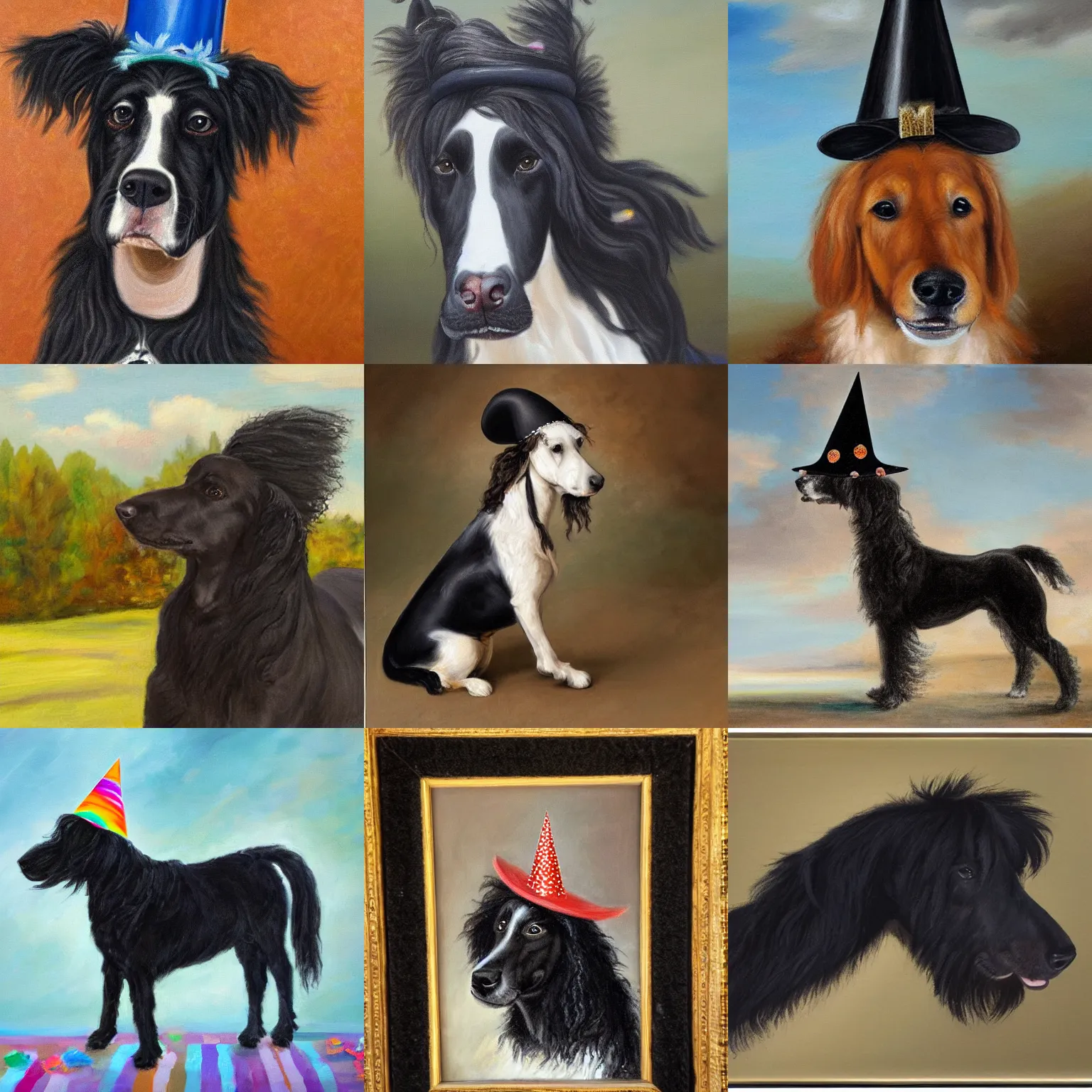 Prompt: a medium sized black schapendoes dog with wavy hair on a horse, both wearing party hats, birthday party, detailed oil painting