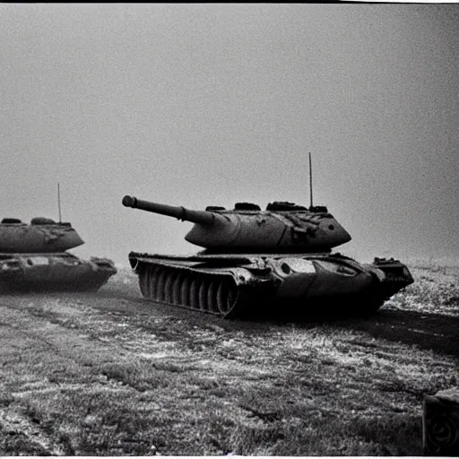 Prompt: flash photograph of russian tanks, accompany by soviet infantry squad, 1985, creepy, haunted, fog, atmospheric, vintage photo