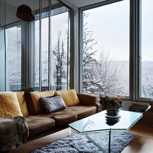 Prompt: interior design photo of a cosy apartment with glass walls overlooking a vast hilly landscape in winter