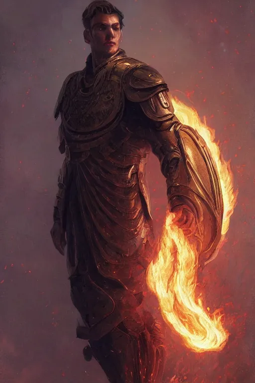 Image similar to a masculine elegant man from sideview with large shoulders, armor, and wearing golden laurel wreath, there are flames behind him, ethereal horror fantasy art by greg rutkowski and magali villanueve and monet con