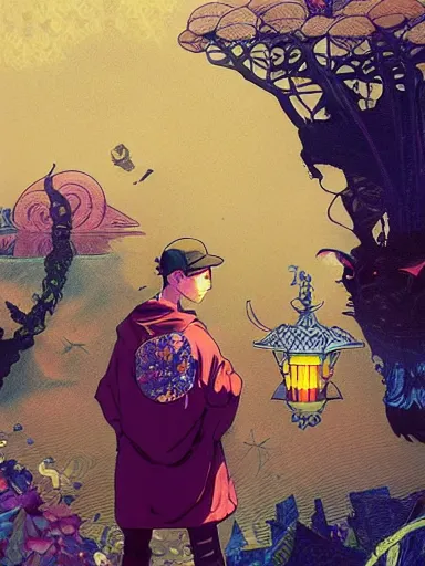 Image similar to Lofi hip hop boy in Scott Pilgram vs The World + a dragon in a kimono intricate design + tarot card + full of golden layers + golden ratio + anime + kawaii + 3D + BJD + artstation + vinyl art toy + highly detailed + Andrei Riabovitchev, Shaun Tan, Peter Mohrbacher, Alphonse Mucha and John William Waterhouse