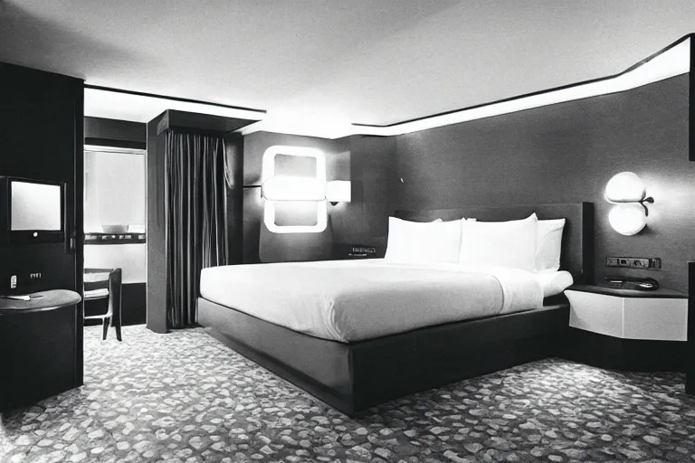 Prompt: a hotel room from the future, the bed is a fish tank, 45mm 1967