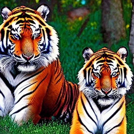 Prompt: two siberian tigers with bat wings posing like super models staring into your eyes with bright blue irises.