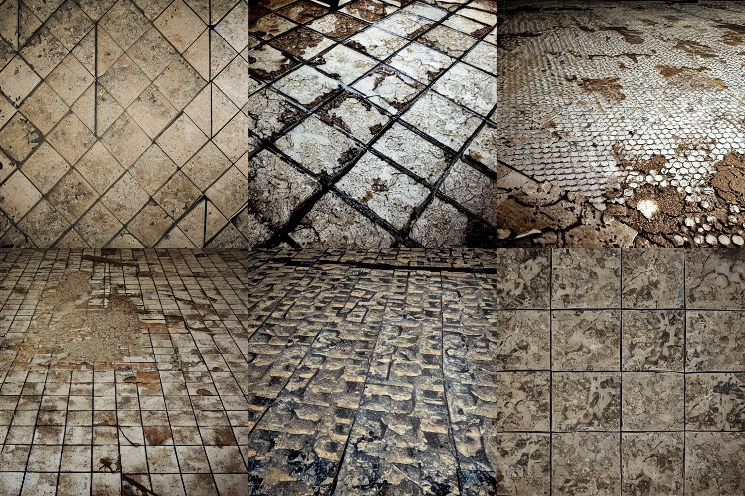 Prompt: tile-able texture of abandoned restaurant floor, postapocalyptic, high quality