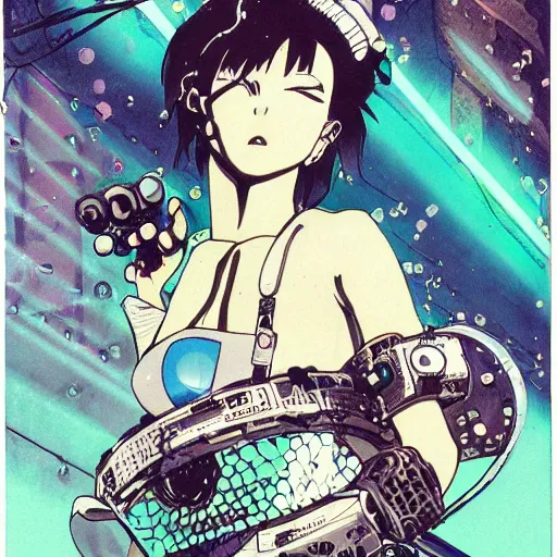 Prompt: anime of a punk cyborg woman breaking a crt tv, water particles floating in the air, finely detailed facial features, weathered drawing, film grain, bright neon lighting, dark pastel colors, drawn by satoshi kon, katsuhiro otomo