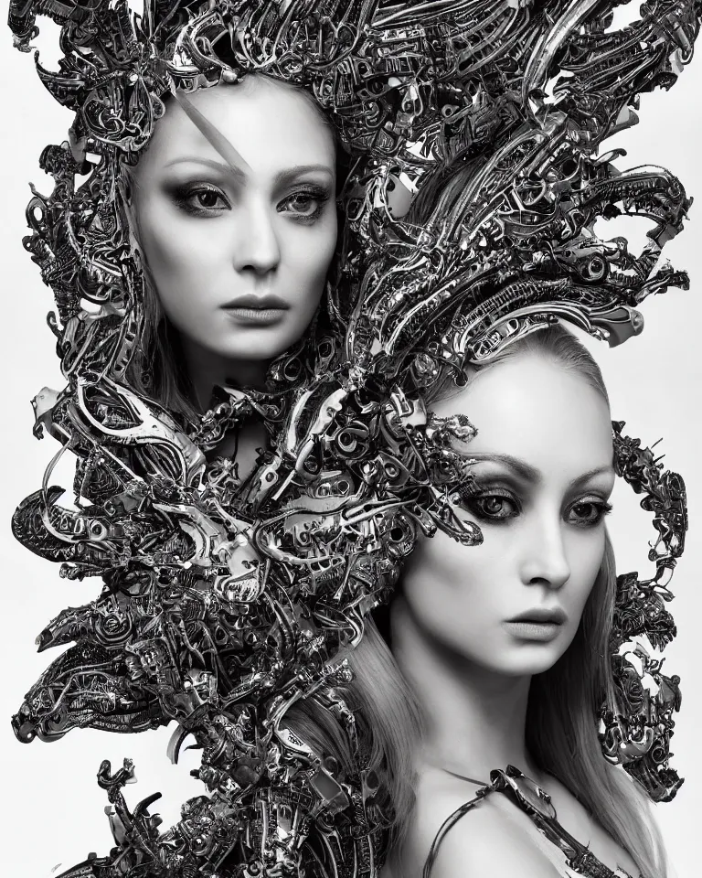 Image similar to a stunning young female phoenix - orchid - cyborg profile face, face is made intricate tribal bio - mechanical, editorial photography, bw, shot on 7 0 mm, depth of field, f / 2. 8, high contrast, rays of shimmering light, volumetric lighting, shiny, insanely detailed and intricate, hypermaximalist, elegant, ornate, hyper realistic, super detailed