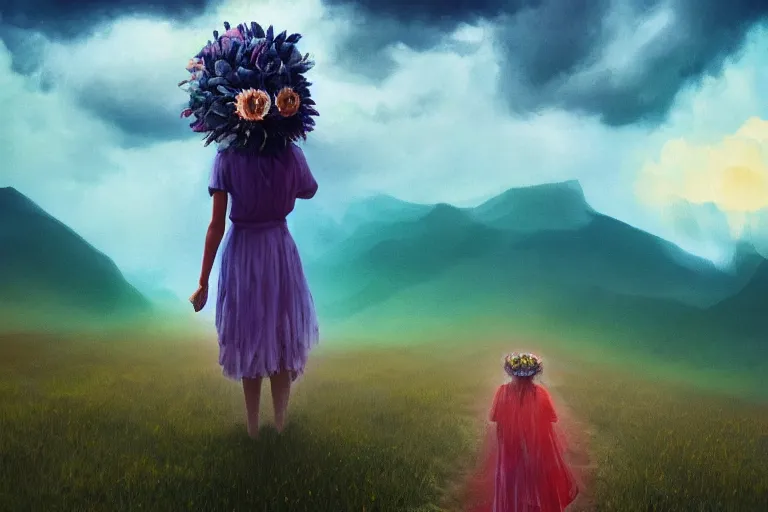 Prompt: giant dahlia flower crown under head, girl walking on mountain, surreal photography, blue storm clouds, dramatic light, impressionist painting, digital painting, artstation, simon stalenhag