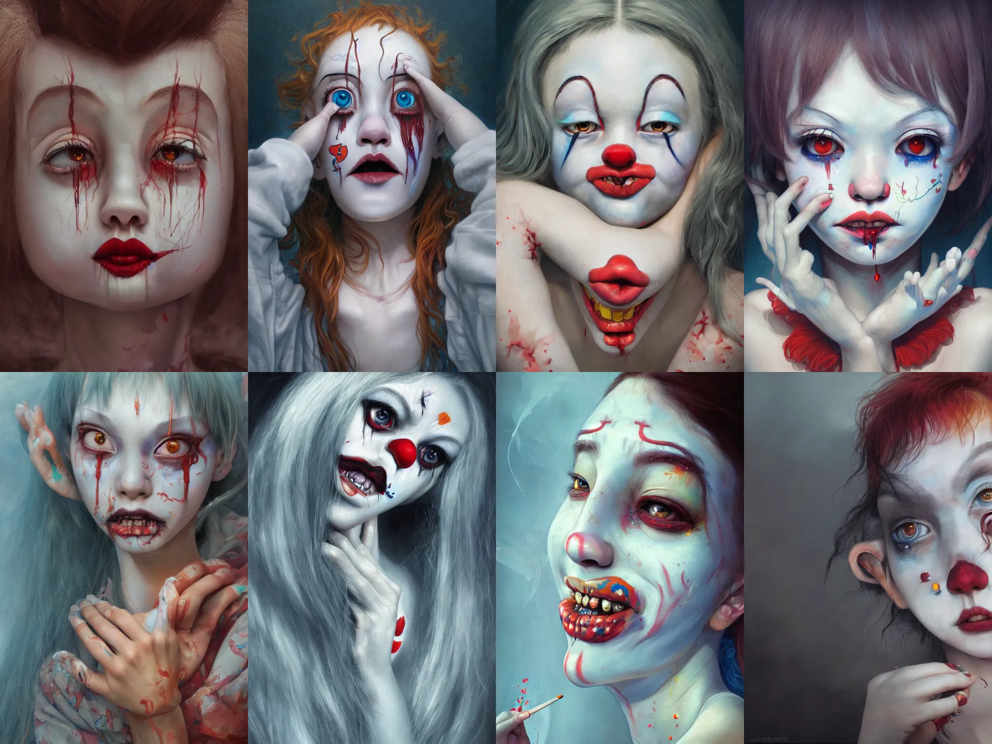 Prompt: breathtaking detailed painting of clown girl crying, piercing eyes, james jean, miho hirano, extremely moody lighting, hyperrealistic, octane render, ambient light, dynamic lighting