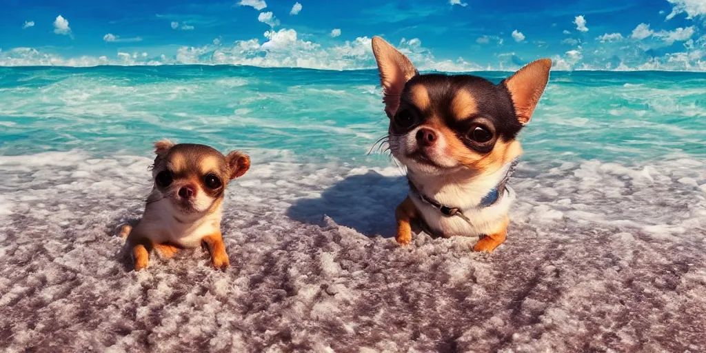 Image similar to chihuahua surfing tropical background waves focus photography 4k hyper realism surreal sunny beach