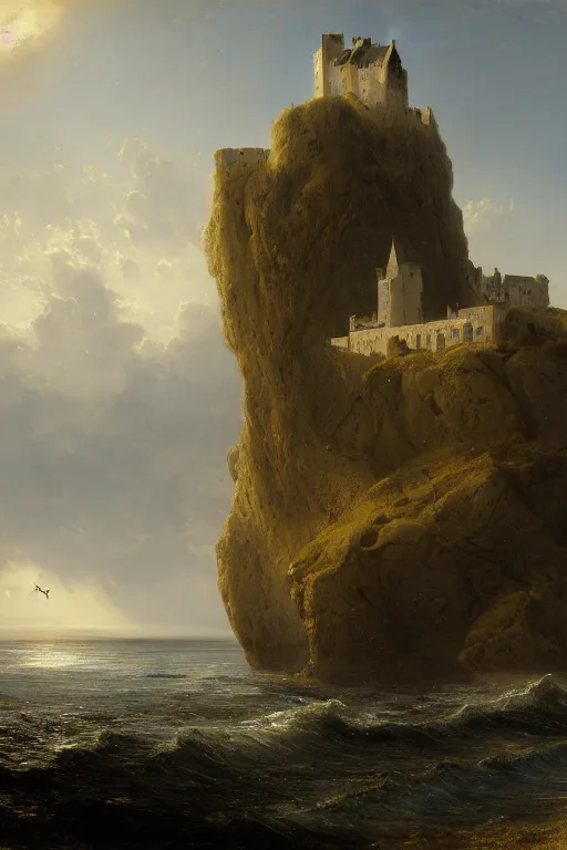 Image similar to an old castle on a seaside cliff by andreas achenbach and peder balke and martin johnson heade sharp digital painting. dreaming latent space. matte painting, concept art. artstation. digital render. realistic, 8 k