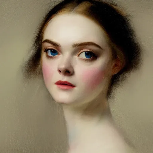 Prompt: professional painting of Elle Fanning in the style of Thomas Lawrence, head and shoulders portrait, symmetrical facial features, smooth, sharp focus, illustration, intricate, stormy weather, extremely detailed masterpiece,