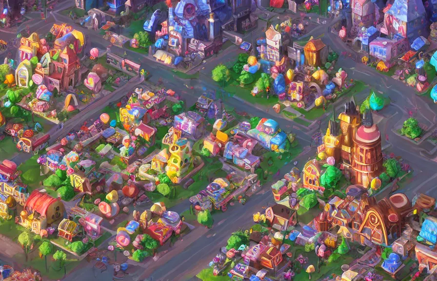Image similar to town made of candy, artstation, ghibli studio, pixar, dreamworks, disney, epic composition, unreal engine, intricate details