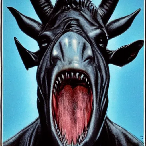 Prompt: 1 9 8 0 s horror movie poster in the style of jaws featuring a very evil donkey staring into the camera, very detailed, 8 k