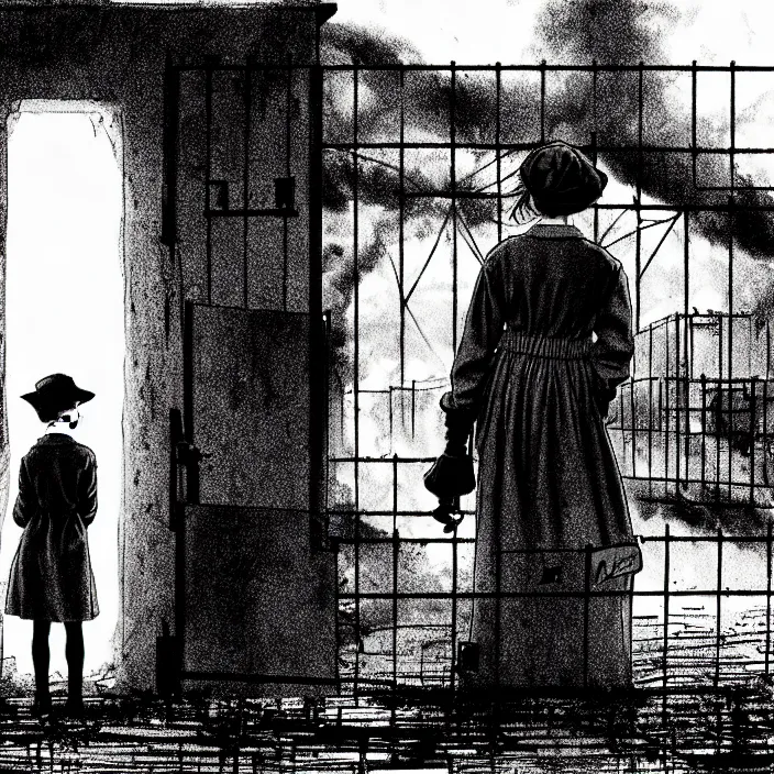 Image similar to sadie sink in dirty workmen clothes waves goodbye to workmen. near a gate. background : factory, dirty, polluted. technique : black and white pencil and ink. by gabriel hardman, joe alves, chris bonura. cinematic atmosphere, detailed and intricate, perfect anatomy