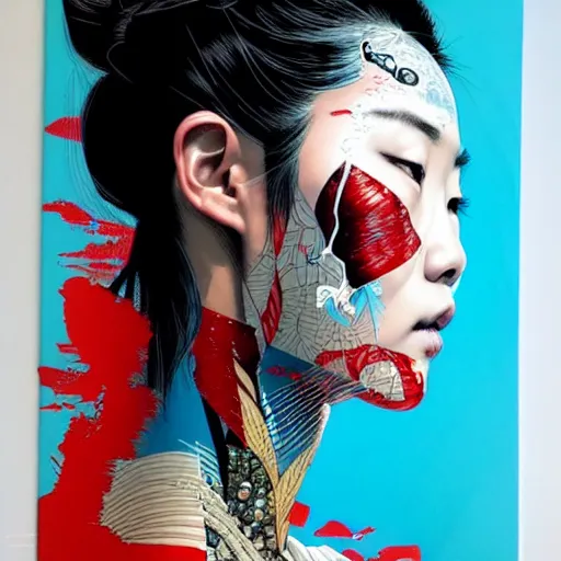 Image similar to a portrait of a chinese woman with side profile blood in ocean intricate details by MARVEL comics and Sandra Chevrier-C