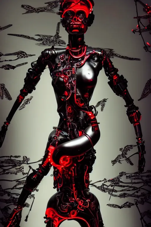 Image similar to full-body cyberpunk style sculpture of a young beautiful dark priestess, half android with a head opening exposing circuitry, glowing red eyes, black roses, flowing blood red colored silk, fabric, candles. baroque elements, human skull. full-length view. baroque element. intricate artwork by caravaggio. crows flying in background. Trending on artstation, octane render, cinematic lighting from the right, hyper realism, octane render, 8k, depth of field, 3D