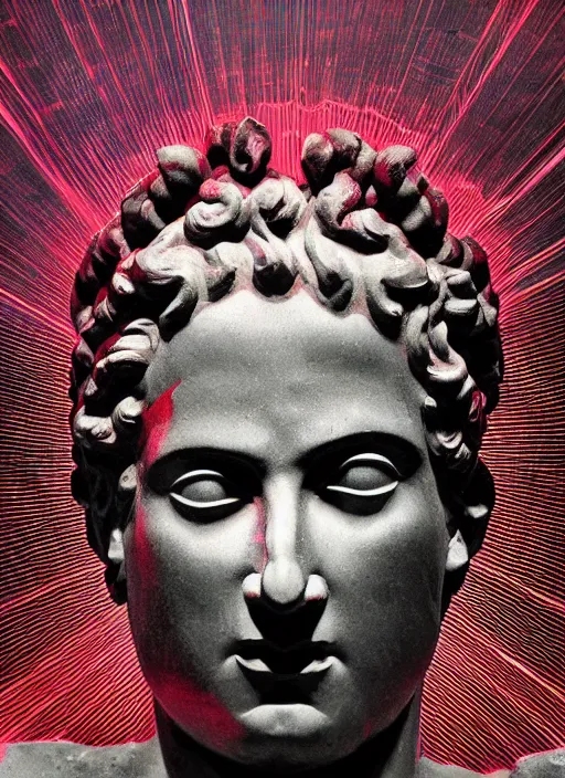 Prompt: dark design poster showing a close up of a statue of the god zeus, black background with very subtle red and purple design elements, powerful, nekro, vito acconci, thin straight lines, dark, glitch art, neo vaporwave, gritty, layout frame, square, trending on artstation