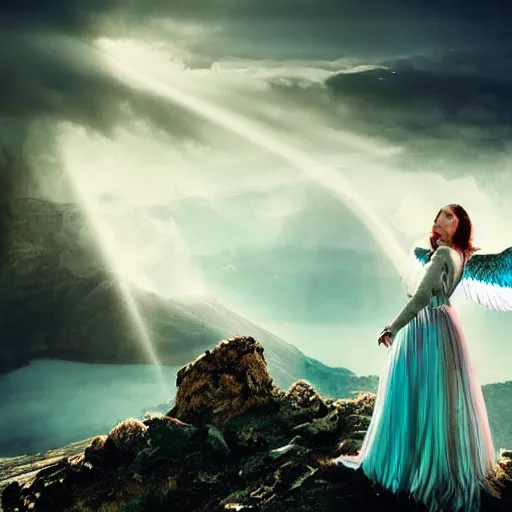 Image similar to royalty angel, big wings, argentina, natalie portman, hudson river school, max rive, full plate armor, f 1 6, bokeh, gentle, female, snowy mountain, storm clouds, god rays, close up portrait, d & d, fantasy, elegant, teal pink white gold color palette, concept art, roger deakins and greg rutkowski and alphonse mucha