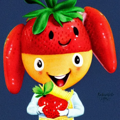 Image similar to a cute strawberry character with two front teeth, holding a yellow toothbrush, in the style of richard scarry