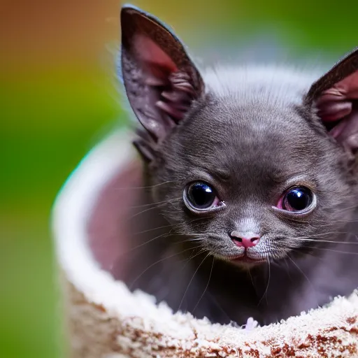 Image similar to a bat kitten wears a hut, photo taken by a nikon, 4k, very detailed, high quality