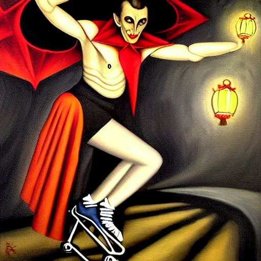 Prompt: dynamic composition, a painting of dracula the vampire skating on roller skates in a medieval roller rink, a surrealist painting by h. r giger and jacek yerga and tamara de lempicka and jesse king, featured on cgsociety, pop surrealism, surrealist, dramatic lighting, wiccan, full body portrait, pre - raphaelite, ornate gilded details