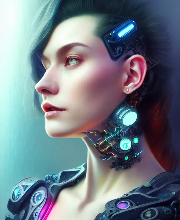 Prompt: a whirlwind inside the metaverse, male, hologram, half body, neurochip, shaved temple, piercing, jewelry, android, cyborg, cyberpunk face, by loish, d & d, fantasy, intricate, elegant, highly detailed, colorful, digital painting, artstation, concept art, art by artgerm and greg rutkowski and alphonse mucha