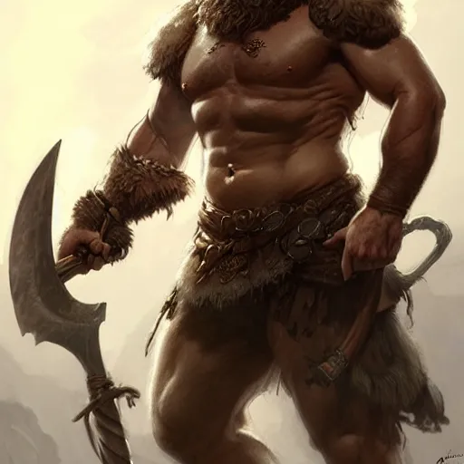 Image similar to a rugged barbarian ranger, handsome, upper body, muscular, exposed thighs, D&D, fantasy, intricate, elegant, highly detailed, digital painting, artstation, concept art, matte, sharp focus, illustration, art by Artgerm and Greg Rutkowski and Alphonse Mucha