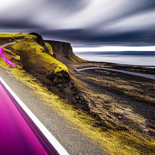 Prompt: a new lexus standing at the edge of a cliff in iceland, surrounded by magenta neon lines, moody sky