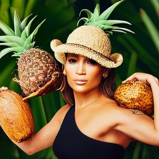 Image similar to j - lo, with two coconuts and a pineapple as a hat, professional photography, photoshop