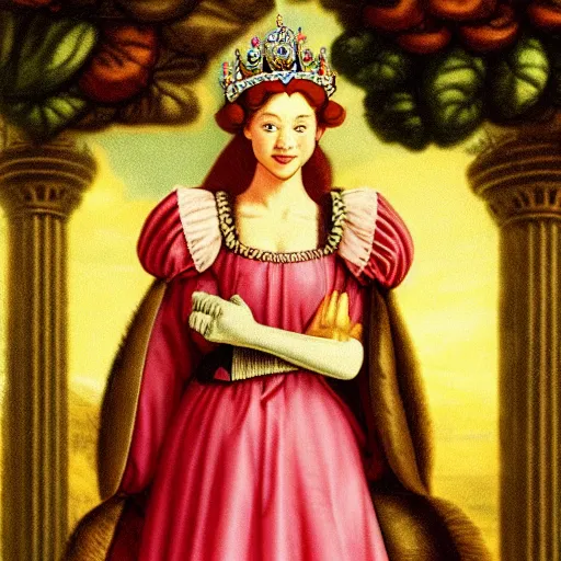 Image similar to young princess peach crowned empress of the mushroom kingdom, renaissance style, coronation, cinematic lighting, 1 6 th century,